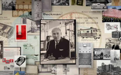 collage featuring Arnold Beckman and scientific instruments