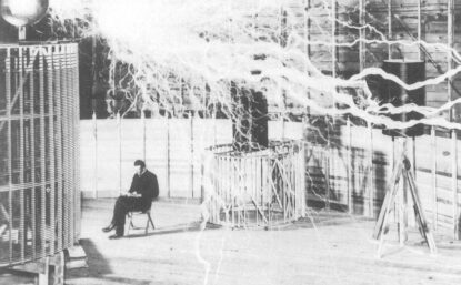 Nikola Tesla sitting under a machine shooting lightening