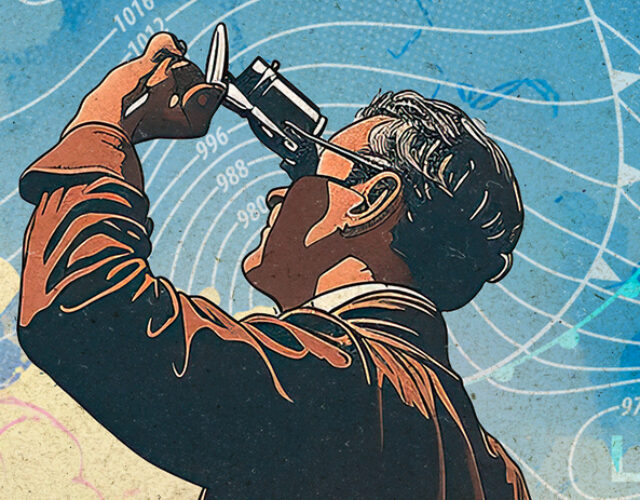 promotional illustration showing a man with binoculars