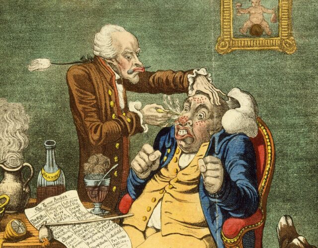 Caricature cartoon of colonial doctor and patient