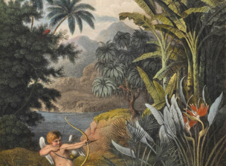 cupid shooting an arrow in a tropical paradise